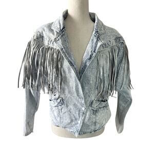 Vtg 80s Acid Washed Denim Jacket White Leather Fringe Size M Festival Western